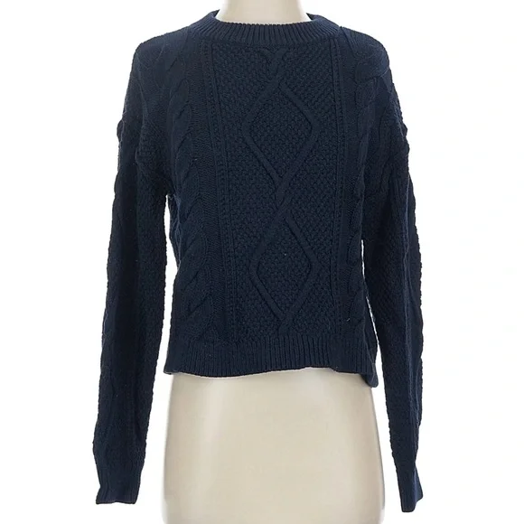 QUINCE 100% Organic Cotton Cropped Cable Knit navy Blue Sweater Small - Picture 2 of 8